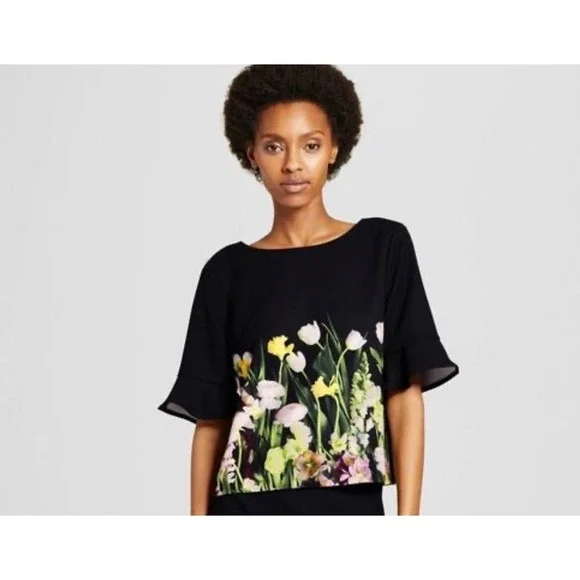 Victoria Beckham Target Floral Crop Blouse Black Garden Print Top S Statement - Picture 1 of 9